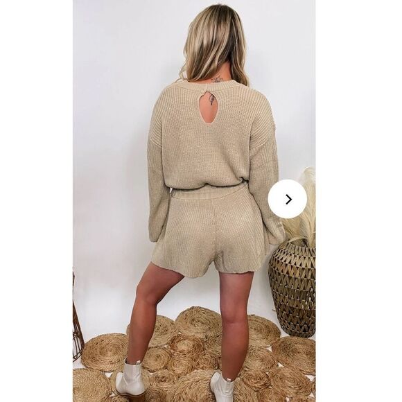 MABLE Sweater Romper Small/Medium Taupe Tan Knit Drawstring Keyhole Back LS - Picture 2 of 16